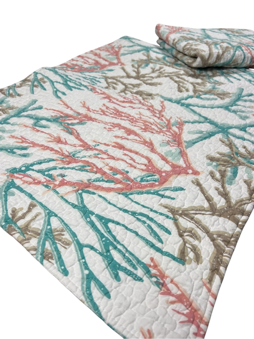 Coastal themed REVERSIBLE QUILT with matching shams EUC aqua coral white QUEEN - Picture 5 of 8